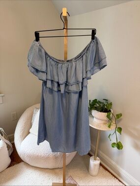 Off-Shoulder Light Blue Chambray Midi Dress
